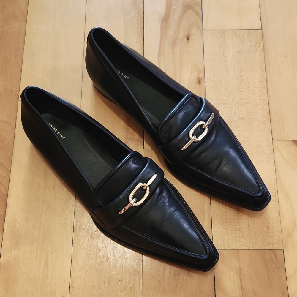 Anine Bing Black Leather Pointed Toe Loafers with Gold Hardware